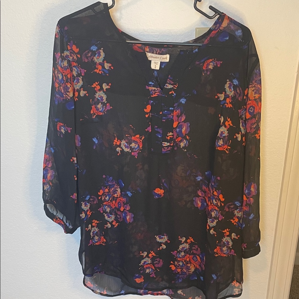 Coldwater Creek Black Sheer Floral Split-Neck Blouse